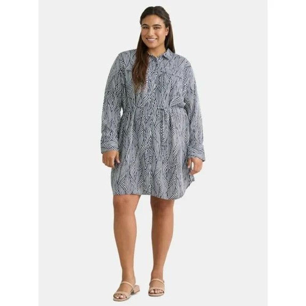 Terra & Sky NWT‎ Mini Shirt Dress Women's Plus Size 3X navy stripe Long Sleeves